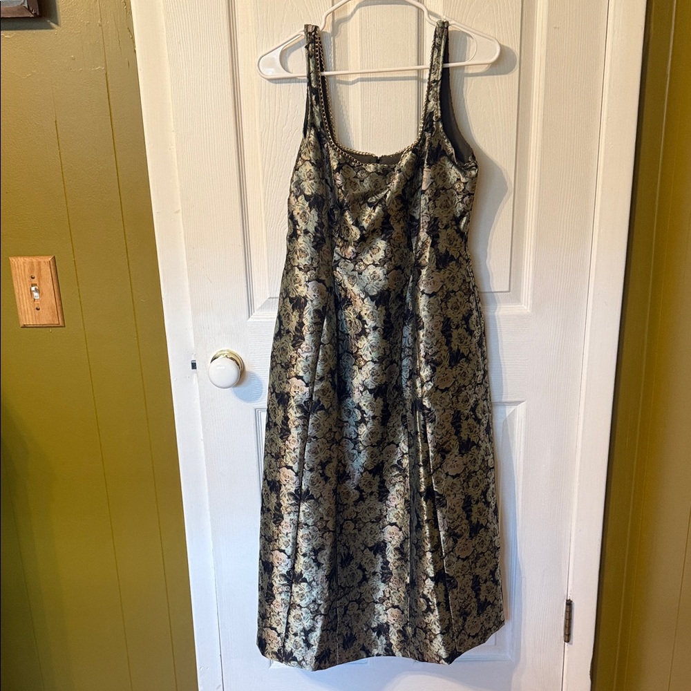 Maeve Black and Gold Floral Brocade Midi Dress